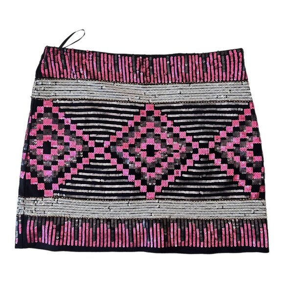 Forever 21 Women Mini Skirt SZ M Black-Pink Sequined-Side Zip Cocktail-Party Nig - Picture 8 of 9